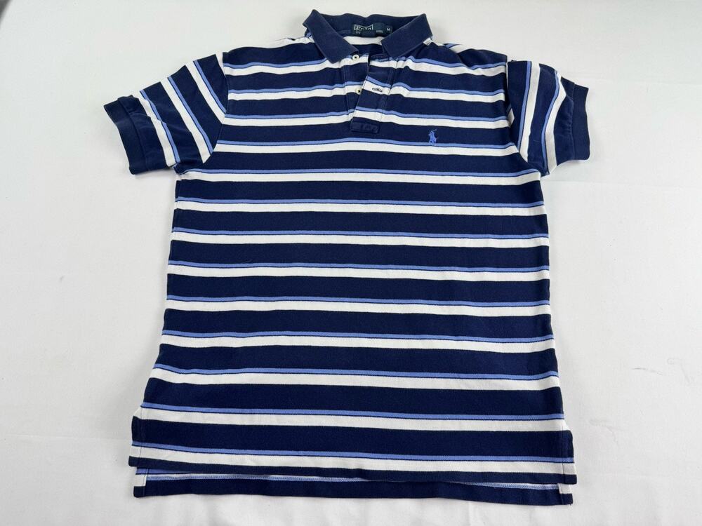 Polo Ralph Lauren Men’s Medium Navy Blue White Striped Short Sleeve Polo Shirt